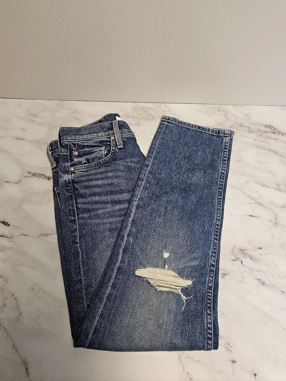 MOTHER The Tomcat‎ High Rise Striaght Leg Playing With Scissors Blue Jeans 26